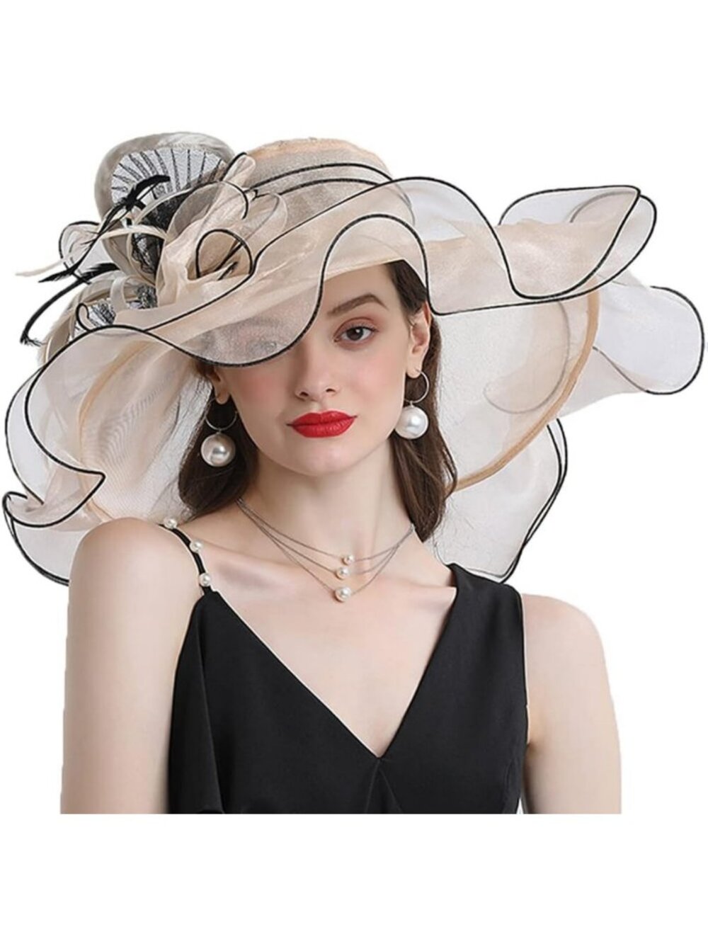 Elegant Women's Wide Brim Organza Derby Hat with Flowers for Parties & Church
